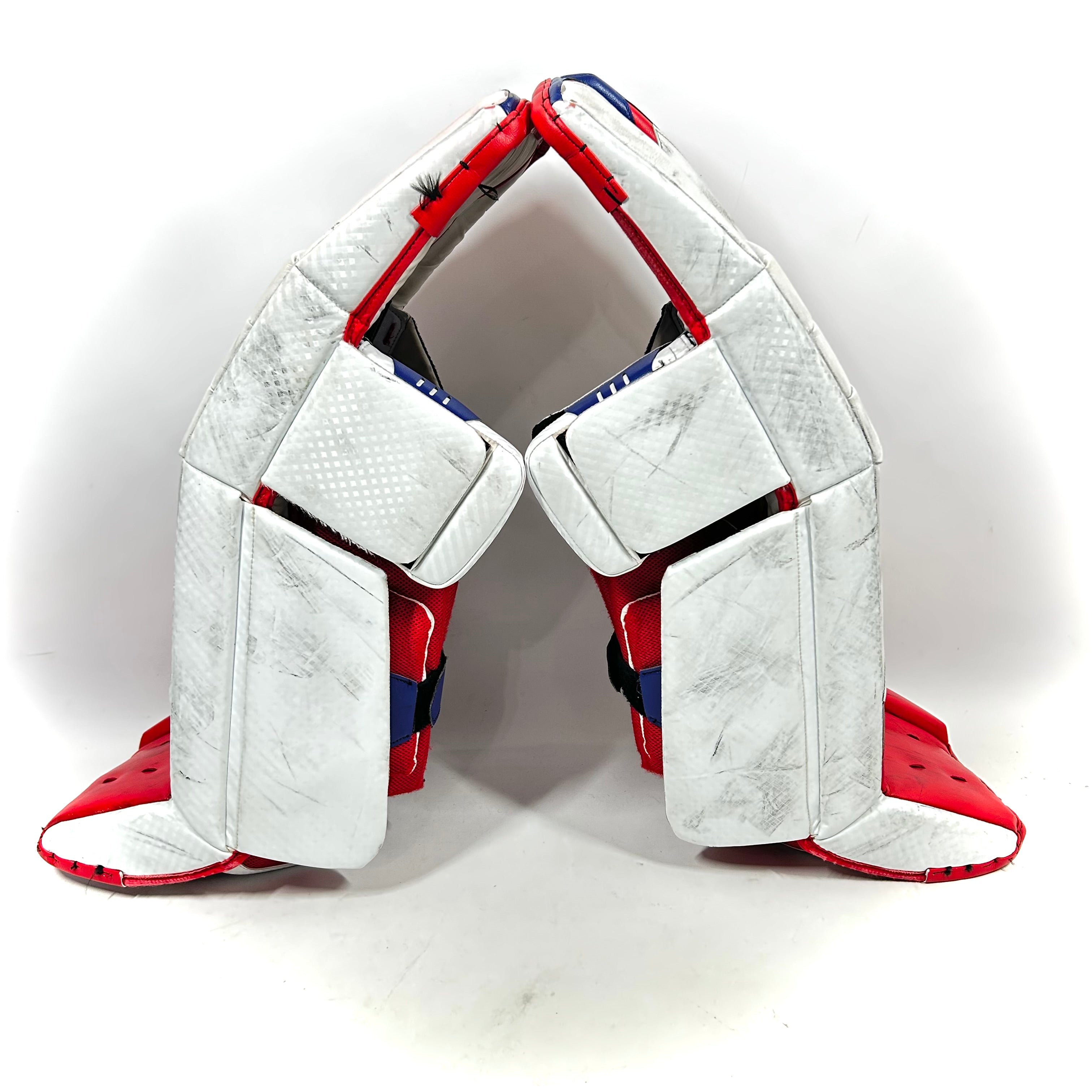 Vaughn Velocity V9 – Jambières de gardien senior OHL Pro Stock d'occasion (blanc/rouge/bleu)